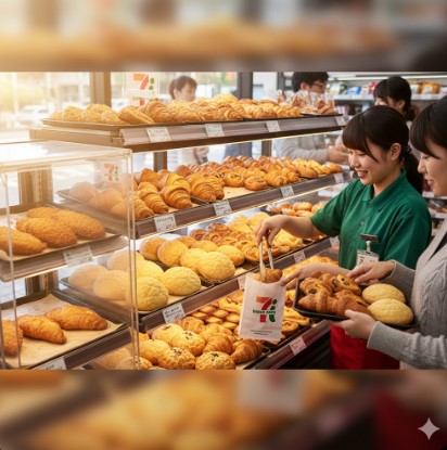 セブンイレブンの店内で、笑顔の店員が焼きたてのメロンパンやクロワッサンが並ぶ棚から、客が選んだパンを専用の袋に入れている。揚げたカレーパンも見える。