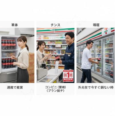 自宅の冷蔵庫にストックされたコーラ、レジで無料引換券を使う人、コンビニで冷えたコーラを買う人の3つのシーンが並び、状況に応じた賢い購入方法を示している。