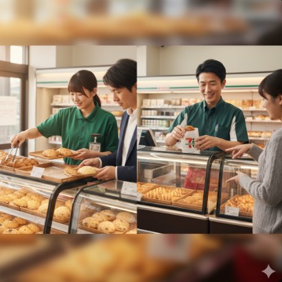 2分割された画像。左では、セルフ方式で客がトングでパンを選び、店員が補助している。右では、オーダー方式で客がレジ横のガラスケースのパンを指さし、店員がパンを袋に入れている。