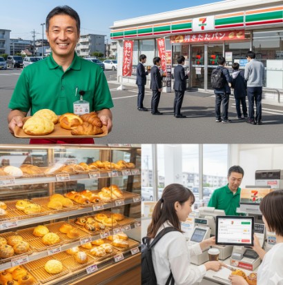 4分割された画像。左上には笑顔の店員が焼きたてパンのトレイを持ち、右上にはビジネスパーソンがセブンイレブンの店頭に並んでいる。左下はパンが並べられたガラスケース、右下はレジでパンを購入する客と店員。