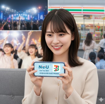 NiziUのライブチケットセブンイレブン先行について解説する記事。NiziUのロゴと、セブンイレブンのロゴが背景に合成され、手前にスマートフォンを持った若い日本人女性が笑顔でライブチケットを申し込んでいる。