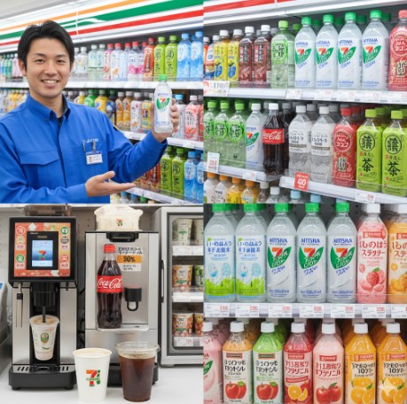 セブンイレブンのドリンクコーナーで、笑顔の日本人男性店長が三ツ矢サイダーのペットボトルを手に持ち、ドリンクの品揃えを説明している様子。
