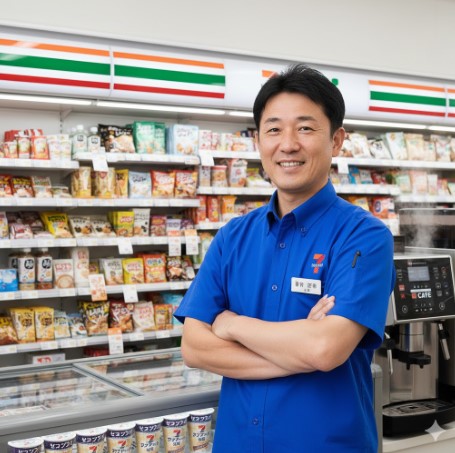 コンビニ店長である筆者が店内で腕を組み笑顔で立っており、背景にはセブンイレブンの商品棚とコーヒーマシンが写っている。
