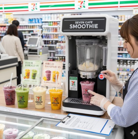 セブンイレブンの店内で、エプロンを着用した日本人女性店長がセブンカフェスムージーマシンを操作し、スムージーを準備している様子。カウンターには複数のスムージーが並べられている。