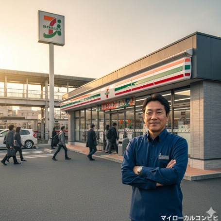 夕暮れ時、日本の駅前に立つセブンイレブンの前で腕組みをして立つ中年の日本人男性店長。背景には駅のホームと電車、そして通勤客が通り過ぎる様子が写っている。