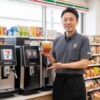 セブンイレブンの制服を着た日本人男性の店長が、店内のセブンカフェティーマシンと、抽出されたアイスティーを持って笑顔で立っている。