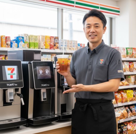 セブンイレブンの制服を着た日本人男性の店長が、店内のセブンカフェティーマシンと、抽出されたアイスティーを持って笑顔で立っている。