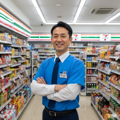 コンビニエンスストアの店長らしき日本人男性が、笑顔で顧客を迎えている。店内は清潔で、セブンイレブンのロゴが見える。