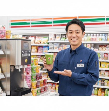 笑顔でセブンイレブンのスムージーと専用マシンを紹介する日本人男性のコンビニ店長、齋藤正志。