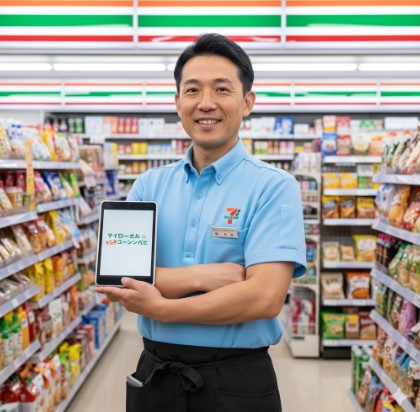 セブンイレブンの制服を着た日本人男性の店長が、店内でタブレットを持ち笑顔で立っている。タブレットには「マイローカルコンビニ」のロゴが表示されている。