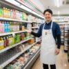 笑顔でコンビニの飲料棚を案内する日本人男性の店長