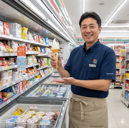 コンビニエンスストアのアイスクリーム売り場で、「金のワッフルコーン」と思われるソフトクリームを手に持ち、笑顔で紹介する日本の男性店長。