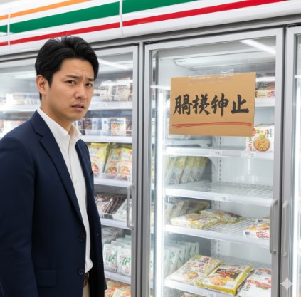 セブンイレブンの冷凍担々麺のパッケージが積まれた棚。右奥には「販売中止」と書かれた貼り紙があり、買い物客が困惑した表情で見ている。
