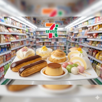 セブンイレブンとSTPR Familyのコラボスイーツキャンペーンのイメージ。様々なTHE SEVEN SWEETSが並び、ファンとスイーツ好きの期待感を表現。