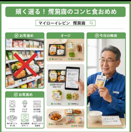 腎臓病の人がコンビニエンスストアで食事を選ぶ際におすすめの商品と避けるべき商品をイラストと写真で分かりやすく解説した情報グラフィック。お弁当は避け、単品惣菜や低たんぱくごはん、ゼリー飲料の組み合わせが良いことを示す。