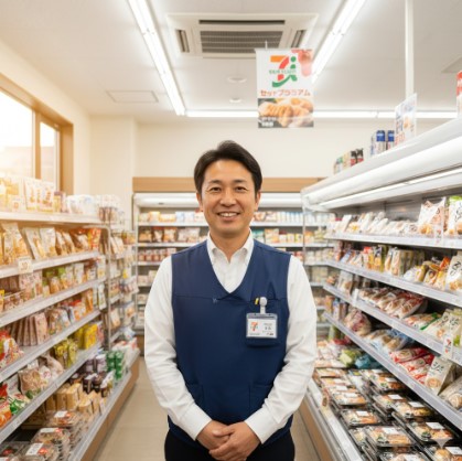 笑顔でコンビニエンスストアの通路に立つ日本人男性の店長