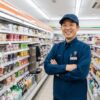 笑顔で腕を組む日本人コンビニ店長の齋藤正志。背景にはセブンイレブンの商品棚とスムージースタンドが見える。