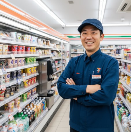 笑顔で腕を組む日本人コンビニ店長の齋藤正志。背景にはセブンイレブンの商品棚とスムージースタンドが見える。