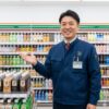 セブンイレブンの制服を着た日本人男性の店長が、店内で笑顔で来店客を迎えている。背景には飲料の棚が並び、手前にはペットボトルコーヒーが陳列されている。