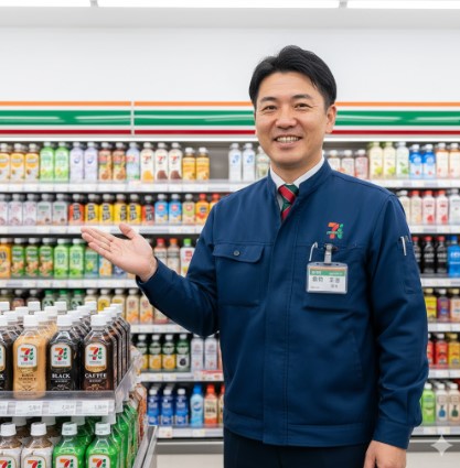 セブンイレブンの制服を着た日本人男性の店長が、店内で笑顔で来店客を迎えている。背景には飲料の棚が並び、手前にはペットボトルコーヒーが陳列されている。