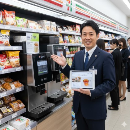セブンイレブンの店長らしき日本人男性が、店内のセブンカフェ紅茶マシンの前でタブレットを持ち、笑顔で記事を紹介している様子。
