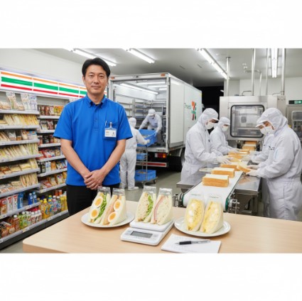 コンビニ店長がサンドイッチの商品棚を真剣な表情で点検している様子。