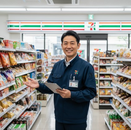 笑顔でコンビニエンスストアの店内を紹介する日本人男性の店長