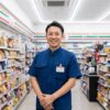 笑顔でコンビニの制服を着て店舗の通路に立つ日本人男性の店長