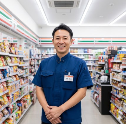 笑顔でコンビニの制服を着て店舗の通路に立つ日本人男性の店長