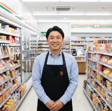 このブログの運営責任者である現役コンビニ店長の齋藤正志氏が、清潔なコンビニ店内で穏やかに微笑んでいるイメージ。