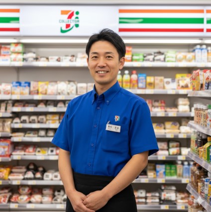コンビニエンスストアの制服を着て笑顔で立つ日本人男性店長、齋藤正志。背景には商品が並ぶ棚があり、信頼性と専門性を表現している。
