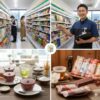 コンビニ店長が店舗内で笑顔で商品を指差し、手には記事内容をまとめたクリップボードを持っている。背景には、綺麗に陳列されたコンビニの商品棚が広がる。