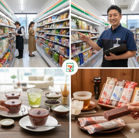 コンビニ店長が店舗内で笑顔で商品を指差し、手には記事内容をまとめたクリップボードを持っている。背景には、綺麗に陳列されたコンビニの商品棚が広がる。
