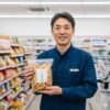 コンビニの制服を着た日本人男性が、いわしせんべいの袋を持って笑顔で立っている。背景には商品棚が並ぶコンビニ店内がぼかして写っている。