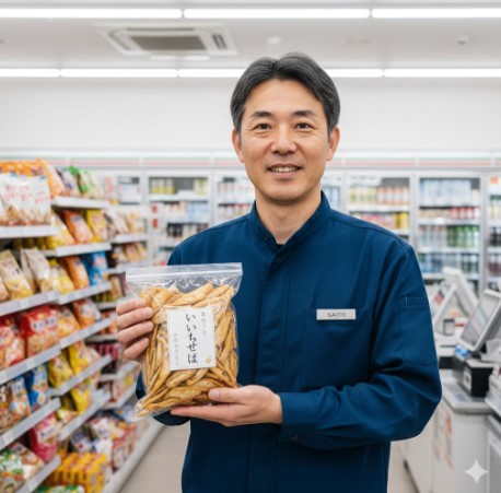 コンビニの制服を着た日本人男性が、いわしせんべいの袋を持って笑顔で立っている。背景には商品棚が並ぶコンビニ店内がぼかして写っている。