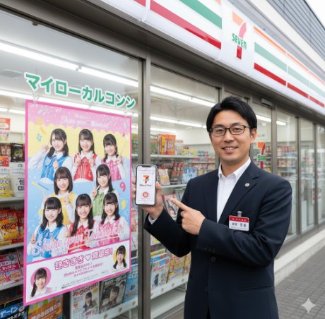 コンビニエンスストアの前に立ち、超ときめき宣伝部のコラボポスターとシェアプリントアプリを表示したスマートフォンを指し示す日本人男性の店長。