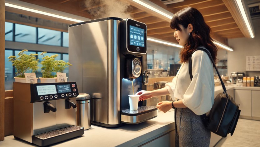 ンビニのカウンターで日本人女性が紅茶マシンを操作し、淹れたての紅茶を楽しむ様子。