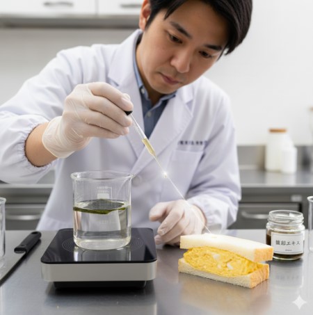 白衣を着た日本人男性が実験室で、たまごサンドにスポイトで昆布エキスと思われる液体を数滴加えている。隣にはビーカーに入った液体と昆布が写っている。