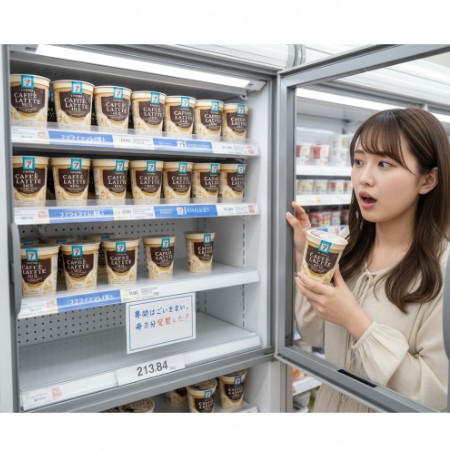 セブンイレブンのアイスケースの前で、女性が「セブンプレミアム カフェラテ氷」を手に取り、驚いた表情をしている。ケースにはカフェラテ氷が並んでいる。