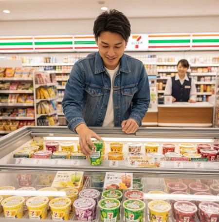 セブンイレブンの店内で、日本人男性が冷凍ケースからスムージーカップを選んでいる。背景にはレジカウンターと店員が見える。