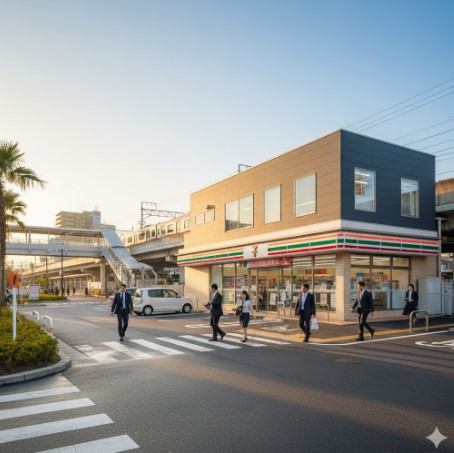 夕日が差し込むJR英賀保駅前のセブンイレブン姫路英賀保駅前店の外観。多くの通勤客が横断歩道を渡り、店舗に入っていく。背景には駅のホームと高架を走る電車が見える。