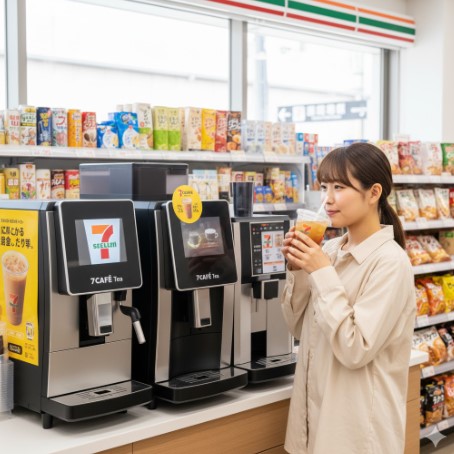 セブンイレブンの店内で、セブンカフェティーマシンで抽出したアイスミルクティーを飲んで満足げな表情を浮かべる若い日本人女性。