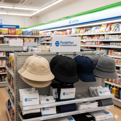ファミリーマート店内のアパレルコーナーに陳列された帽子と衣料品。棚には「Convenience Wear」のロゴが見える。