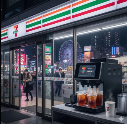 大阪の街並みを背景に、セブンイレブンの店舗がライトアップされ、その前にセブンカフェの紅茶マシンが描かれている。