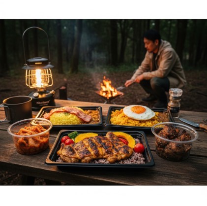 キャンプ場で焚き火を背景に、セブンイレブンと西村キャンプ場コラボのキャンプ飯4品（炭火焼スパイスチキン、ガーリックカレー御飯、豚ガツチャンジャ、黒胡椒仕立ての炭火焼鳥）が木製のテーブルに並べられている。