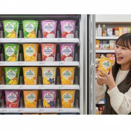 セブンイレブンの冷凍ケースに並んだ様々な種類のスムージーカップと、選んだマンゴースムージーを手に取る日本人女性。