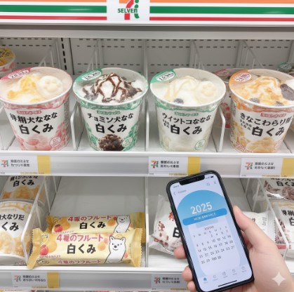 2025年にセブンイレブンから発売された複数の白くまアイスが陳列されている様子。