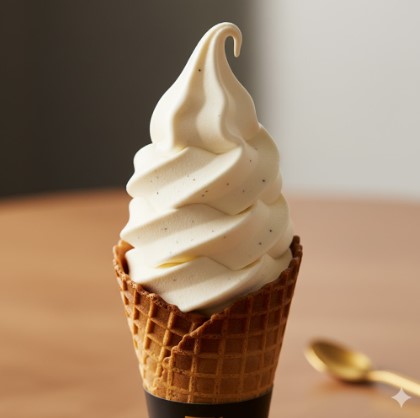 木目のテーブルに置かれた、バニラビーンズの黒い粒が見える濃厚なバニラソフトクリーム「金のワッフルコーン マダガスカルバニラ」。