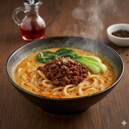 湯気が立ち上る濃厚な「胡麻が濃厚な担々麺」。具材の肉味噌と青梗菜が鮮やかに盛り付けられ、食欲をそそる。