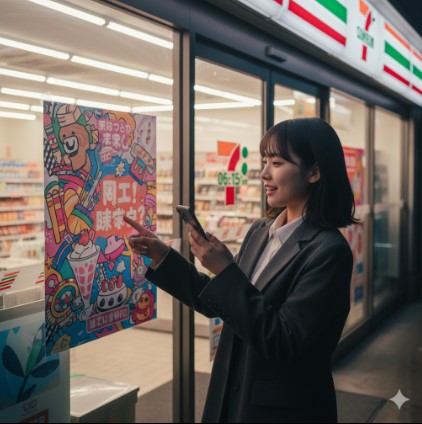 セブンイレブン店舗の前で、キャンペーン開始日を確認する熱心な女性ファン。コラボスイーツの発売を待つ期待感を表す。